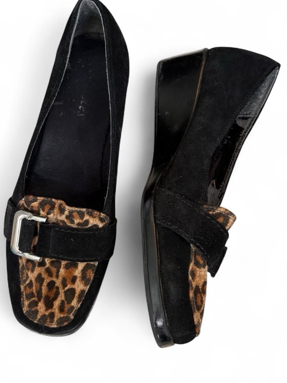 Black Suede Loafers with Leopard Accent
